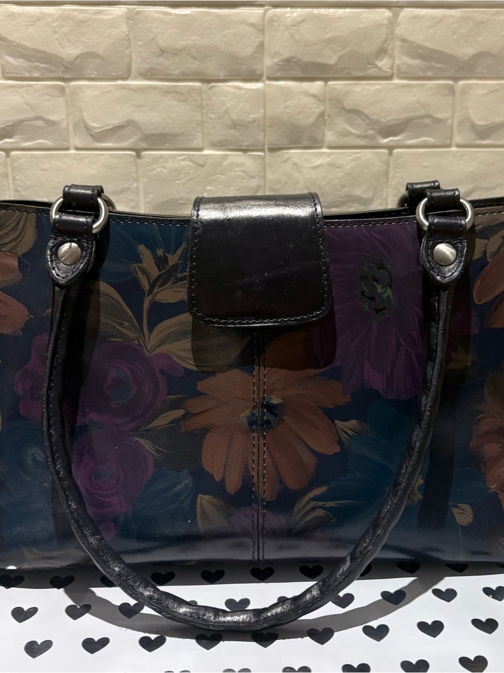 Patricia Nash Purple Floral Patent Tote with Black Trim